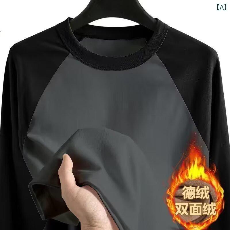 乐天商城 - Tシャツ メンズ 秋冬 発熱保温 長袖 クルーネック 切り替え 無地 ゆったり オーバーサイズ カジュアル 普段使い 厚手 ポリエステル 通気性 男性用 ルームウェア 韓国