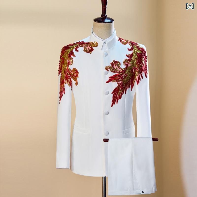 ・カテゴリ: 中山服・スタイル: 中国風・主な素材: ポリエステル・: ジャカード・加工: パッチワーク、切り替え・カラー展開: 赤対花、金対花、銀対花、青対花・サイズ展開: XS、S、M、L、XL、XXL、XXXL・性別: 男性