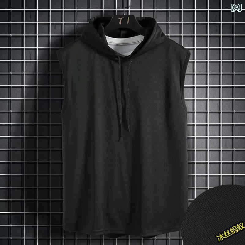 ノースリーブ Tシャツ メンズ パーカー ドローストリング 無地 ゆったり カジュアル スポーツ ヒップホップ ポリエステル 春夏 ブラッ..