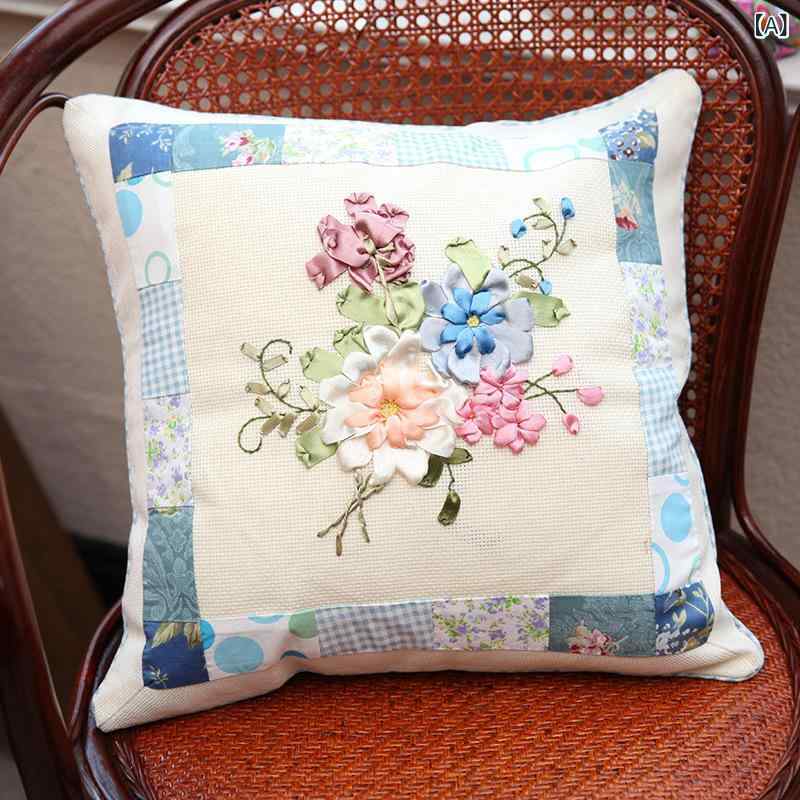 クッションカバー 手作りキット リボン刺繍 花柄 DIY 初心者向け 簡単 手芸 刺しゅう 材料セット クラフト おしゃれ 現代風 45cm 45cm リビング 模様替え インテリア