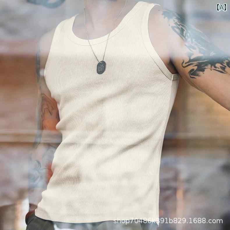 タンクトップ メンズ ストライプ柄 アメリカンスタイル スポーツ フィットネス ジム インナー ヘビーウェイト 厚手 リブ編み ノースリーブ レーサーバック ストレッチ 伸縮性 薄手 ホワイト カジュアル 普段使い 重ね着