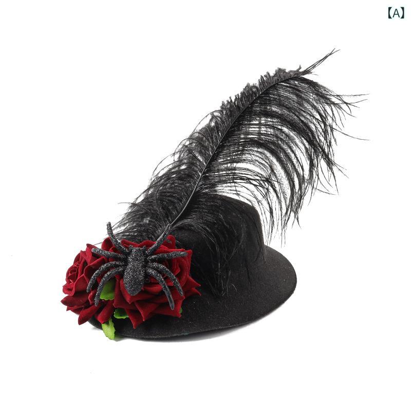ヘアアクセサリー レディース ミニハット フェザー飾り ブラック ヘアクリップ ハロウィーン パーティ..