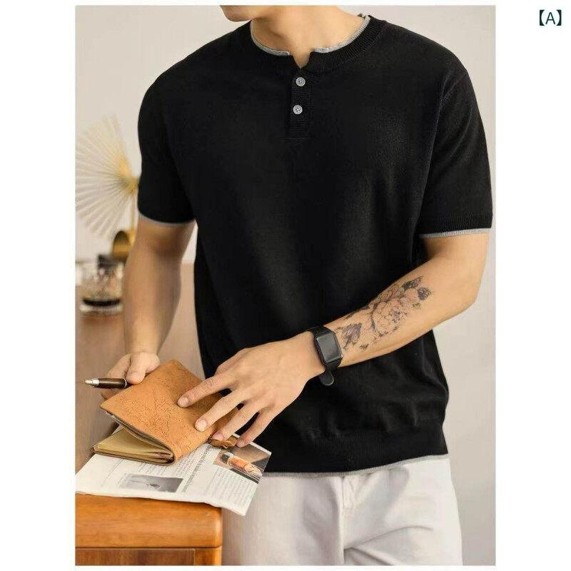 Tシャツ メンズ 男性用 ヘンリーネック 切り替え フェイクレイヤード ニット 半袖 春夏 オールドマネー風 上品 きれいめ シンプル 薄手..