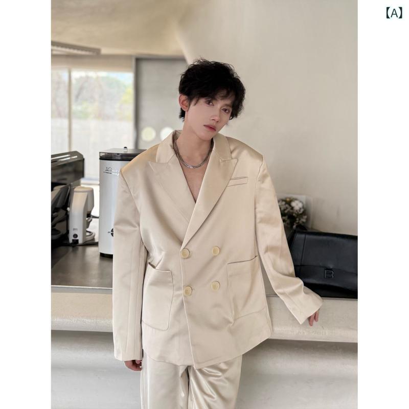 セットアップ メンズ 高級感 シャンパンカラー サテン生地 ダブルブレスト テーラードジャケット ゆったり ルーズフィット ドレープ感 韓国 カジュアル ノーアイロン しわになりにくい 春