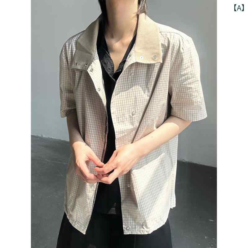 ジャケット ユニセックス レトロ 小格子柄 異素材切り替え 配色 五分袖シャツ 裾ドロスト ワークブルゾン アウター 春夏 ポリエステル スタンドカラー ルーズフィット ゆったり カジュアル ストリート カーキ
