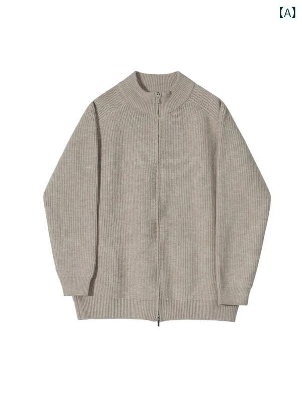 ニットカーディガン メンズ 秋冬 スタンドカラー ダブルジップ ゆったり オーバーサイズ 無地 保温性 アクリルニット 中厚手 カジュアル 普段使い カーキ