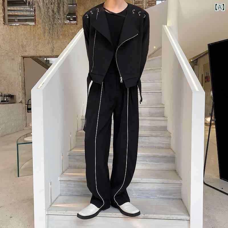 パンツ メンズ 男性用 サイドライン 切り替え ストレートパンツ ルーズフィット ゆったり ボトムス カジュアル ストリート 韓国系 ダーク 春秋 綿ポリエステル混紡 イージーケア 黒