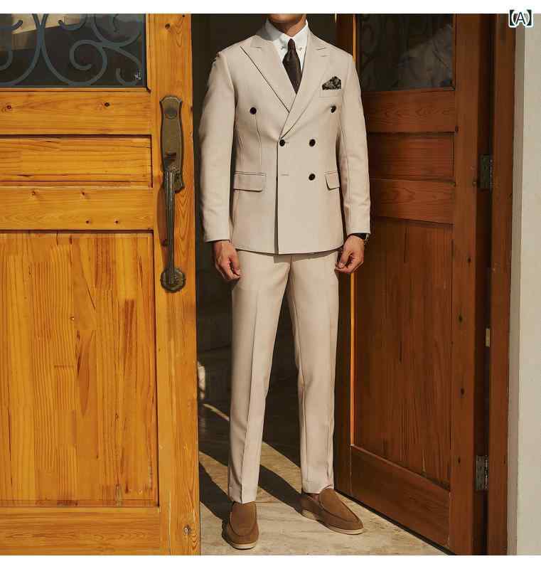 スーツ メンズ 男性用 紳士 高級感 ブリティッシュスタイル ビジネス フォーマル 結婚式 冠婚葬祭 ダブルブレスト ピークドラペル イージーケア ポリエステル ジャケット ベージュ カーキ スモーキーグリーン ブラック