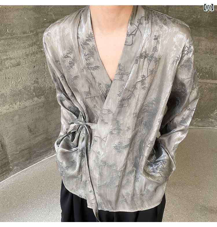 シャツ メンズ チャイナ風 中華風 レトロ アンティーク調 フロッキー加工 サテン 光沢感 梅竹アート柄 長袖 ゆったり オーバーサイズ 薄手 ポリエステル アイロン不要 カジュアル 普段使い 個性派 大人 夏 グレー ベージュ トップス