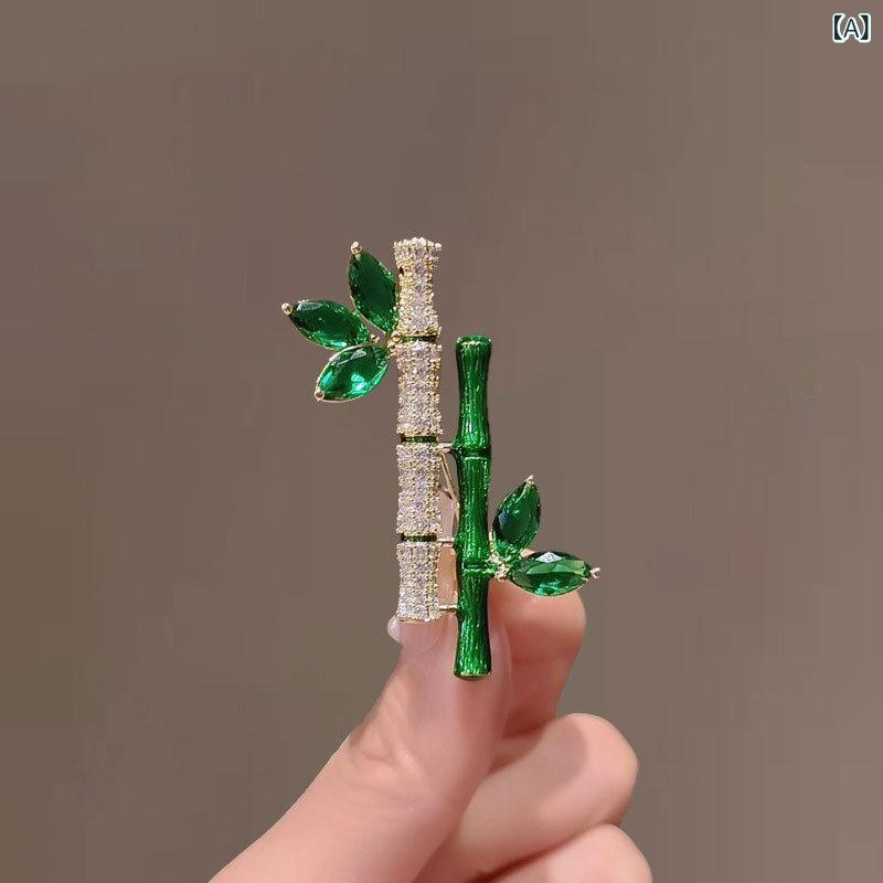 ブローチ レディース 古典風レトロ 竹 バンブー 手描き エレガント 上品 高級感 グリーンクリスタル リ..