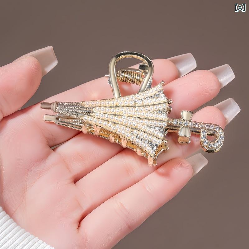 ヘアクリップ レディース 傘モチーフ パール飾り 金属製 バンスクリップ ミディアムサイズ 韓国 上品 ..