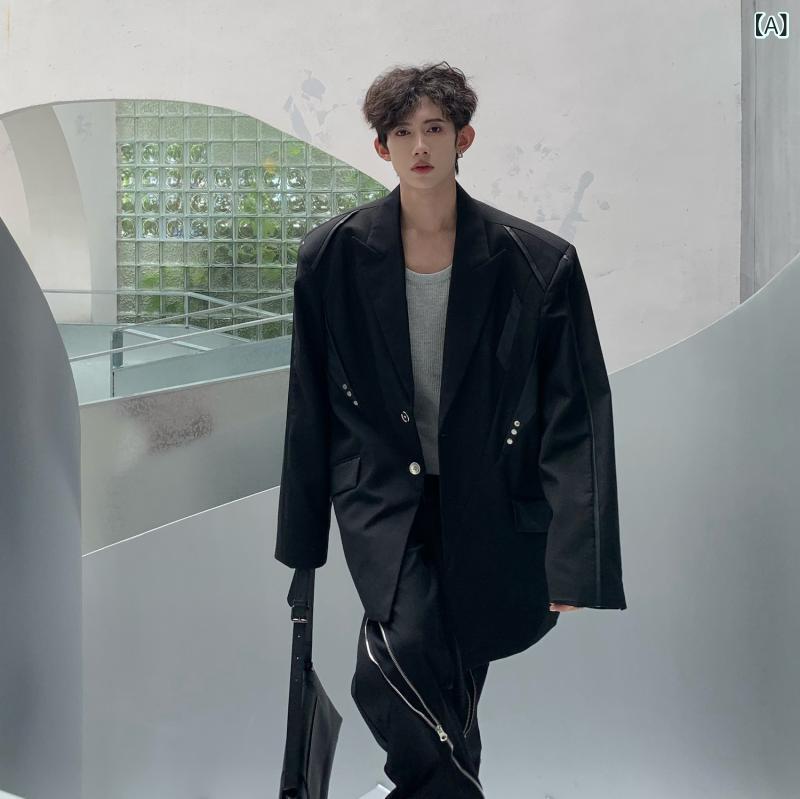 テーラードジャケット メンズ ブラック レザー切り替え ビッグシルエット 肩パッド入り 個性的 ダークモード クール 韓国系 カジュアル 春秋