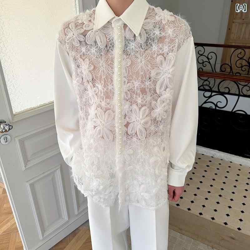 シャツ メンズ レディース フレンチテイスト レトロ シアー 長袖 透かし編み 立体花柄 ポリエステル ル..