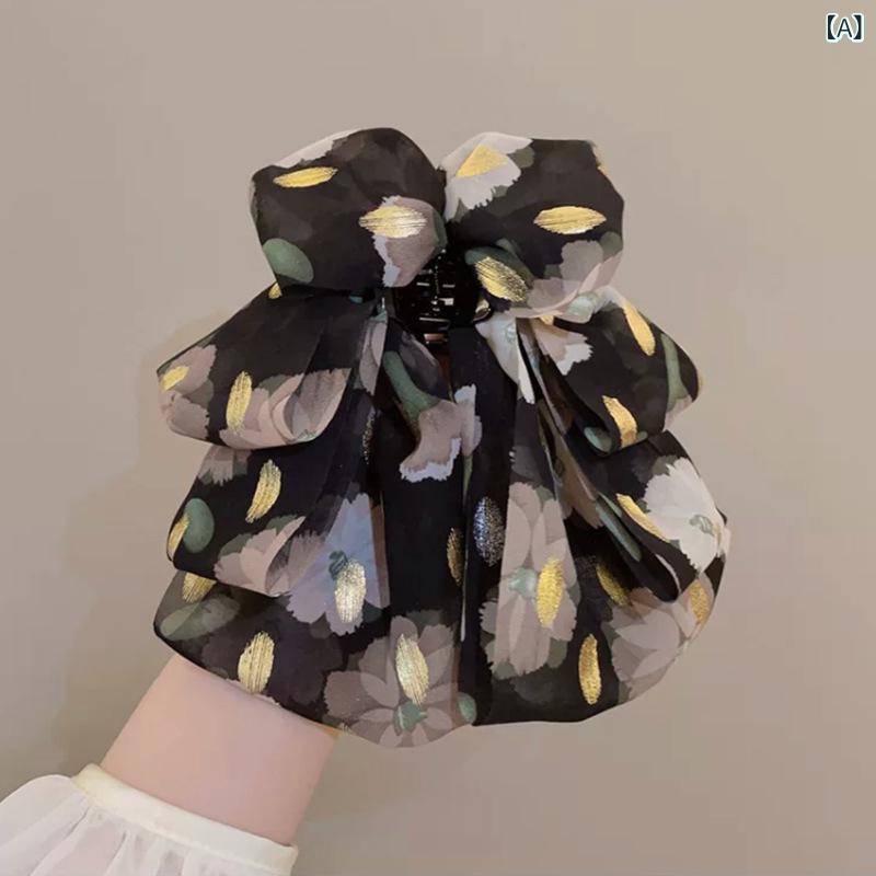 バンスクリップ レディース 高級感 おしゃれ プリント柄 チュール リボン ドレープ レイヤード シャー..