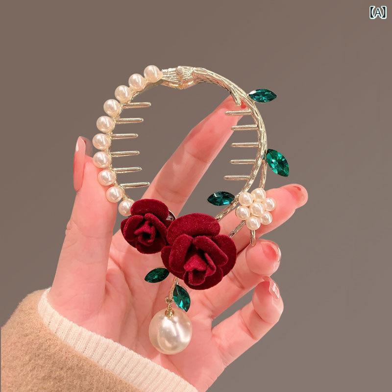 ヘアアクセサリー レディース 高級感 上品 赤い花 フラワー ポニーテール シニヨン お団子ヘア まとめ..