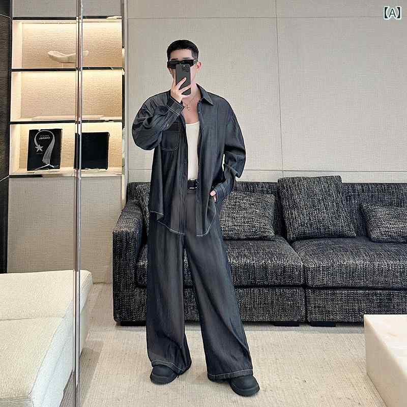 セットアップ メンズ ドレープ感 フェイクレザー切り替え デニム風 薄手 ポケット付き シャツ ワイドパンツ 上下セット 韓国系 カジュアル 綿混紡 ポリエステル 春秋 ダークグレー