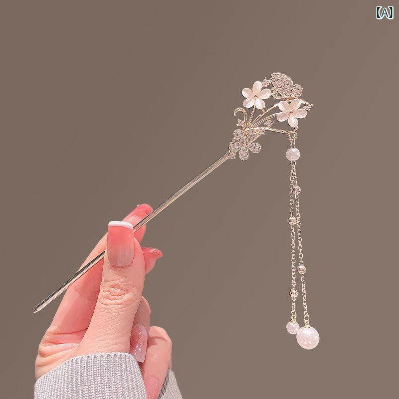 簪 レディース チャイニーズモダン 高級感 合金製 ラインストーン 花 猫目石 パール ロングタッセル 歩..