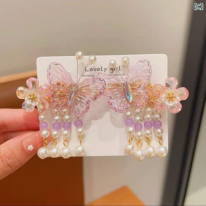 ヘアクリップ 女の子 キッズ 子供用 髪飾り 古風 中国風 漢服風 蝶 バタフライ 花 タッセル 揺れる パール飾り 合金製 プリンセス 華やか エレガント 発表会 七五三 ドレス カジュアル イベント 和装 洋装 ヘアアクセサリー