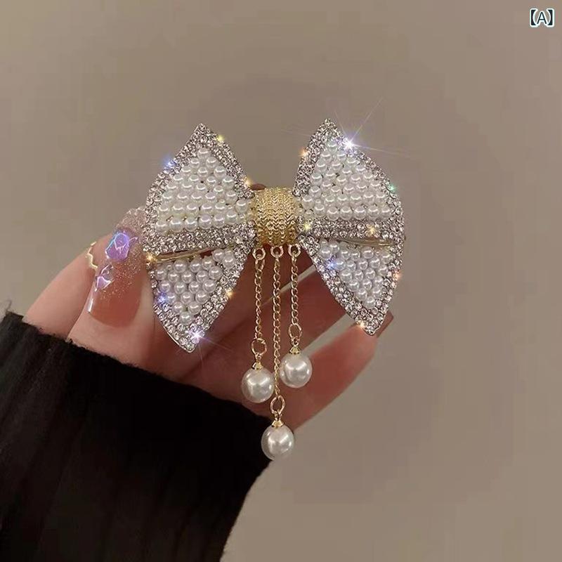 ヘアクリップ レディース 韓国 リボン パール タッセル バネ式 メタル製 髪飾り お...
