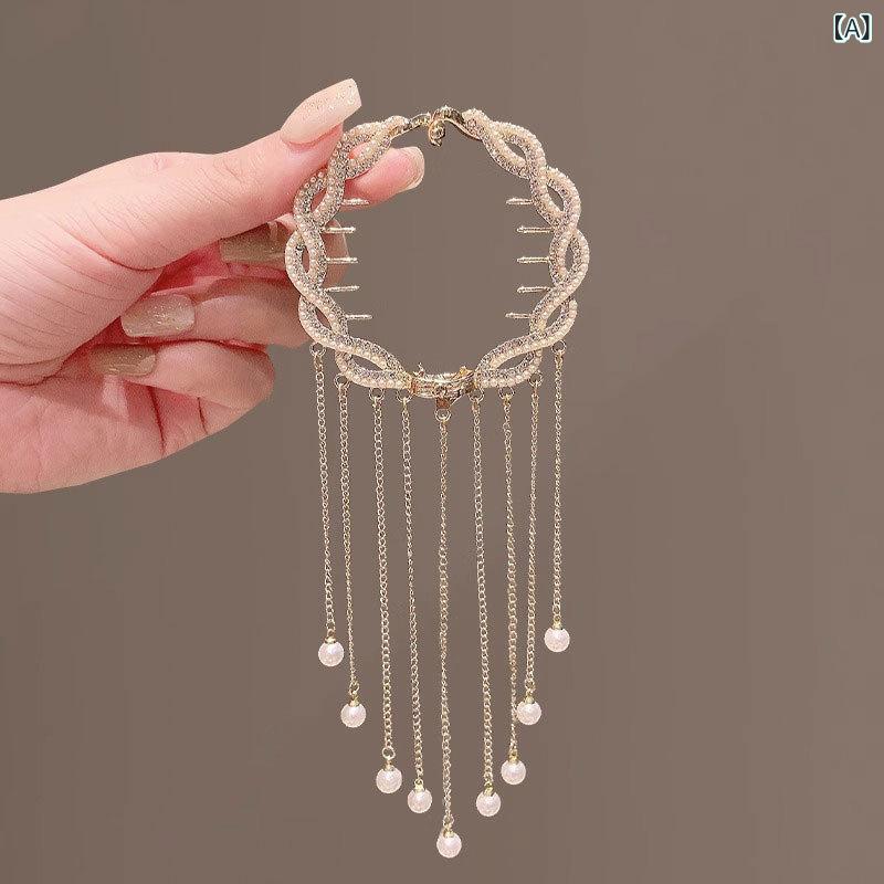 ヘアクリップ レディース レトロ 古風 エレガント パール ジルコニア タッセル まとめ髪 お団子ヘア ロ..