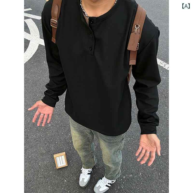 Rakuten - Tシャツ メンズ ブラック アメリカン ヘンリーネック ワッフル生地 長袖 ロンT カットソー 厚手 裏起毛 フリース素材 肉厚 保温性 秋冬 ゆったり ルーズシルエット 高級感 普段使い トップス