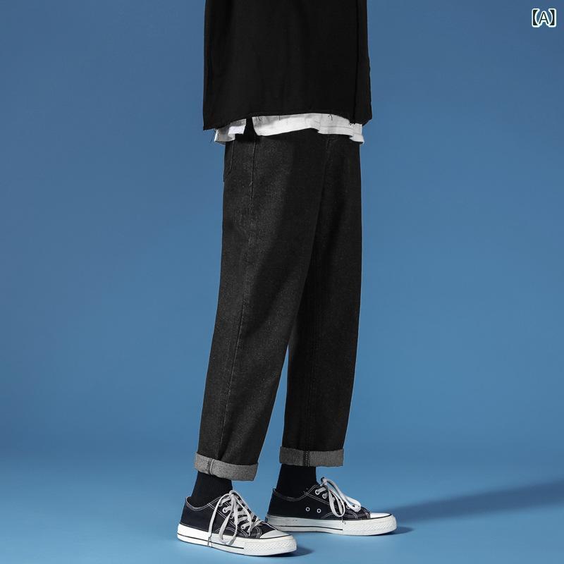 ・カテゴリ: デニムパンツ・性別: メンズ・対象年齢: 成人・スタイル: 韓国・シルエット: ストレート・フィット: ルーズフィット・丈: アンクル丈・ウエスト: ミッドライズ・裾: ストレート・フロント: ジッパーフライ・生地: デニム・主な素材: ポリエステル76%・生地の厚さ: 普通・伸縮性: なし・ディテール: 立体裁断・加工: ウォッシュ加工・お手入れ: アイロン不要・着用シーン: カジュアル・カラー展開: ブラック、ライトブルー、ダークブルー・サイズ展開: S、M、L、XL、2XL、3XL