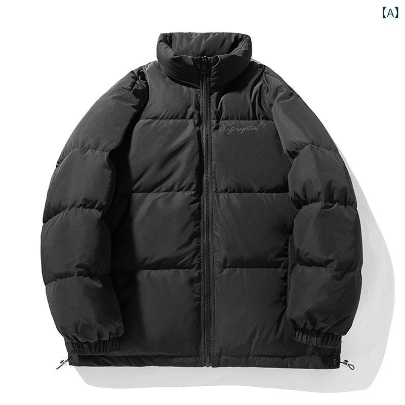 中綿ジャケット メンズ 男女兼用 秋冬 立ち襟 スタンドカラー 保温 防寒 厚手 肉厚 ポリエステル中綿 ジップアップ ゆったり オーバーサイズ レタープリント...