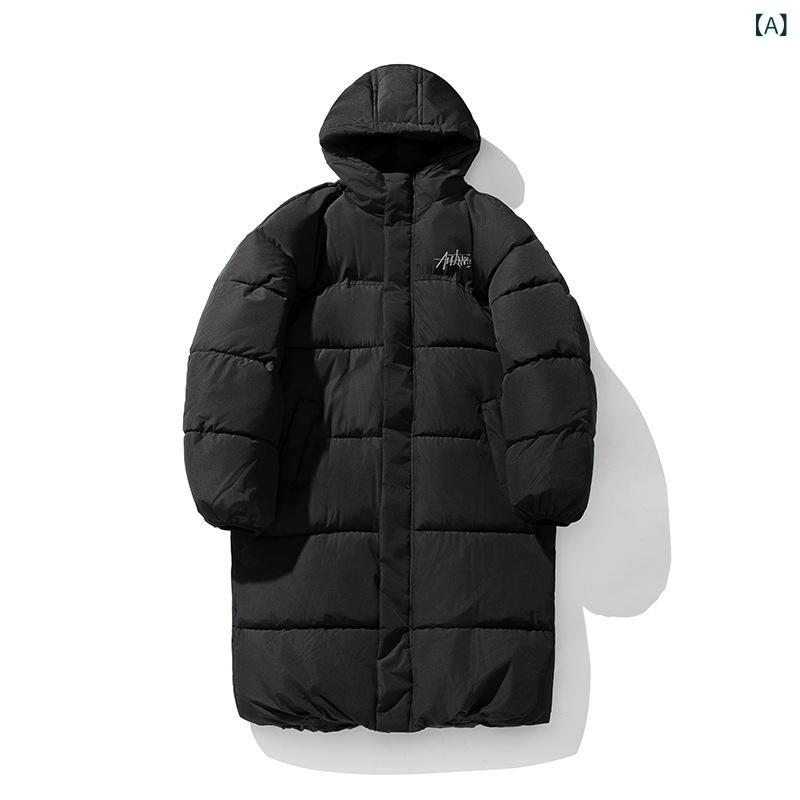 中綿ジャケット 男女兼用 ミドル丈 フード付き 撥水加工 防寒 保温 厚手 ゆったり カジュアル 秋冬 アウター ポリエステル ブラック グレー アイボリー