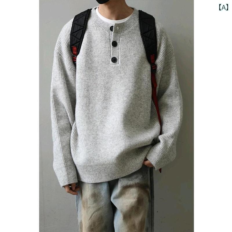 Knit Sweater - ニット メンズ 秋冬 プルオーバー クルーネック セーター アメリカンヴィンテージ風風 リラックス 高級感 厚手 カジュアル ウール ポリエステル 混紡
