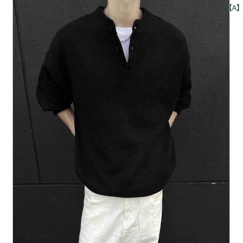 ニット メンズ 男性用 ヘンリーネック プルオーバー オーバーサイズ ゆったり アメリカン ワイルド ク..