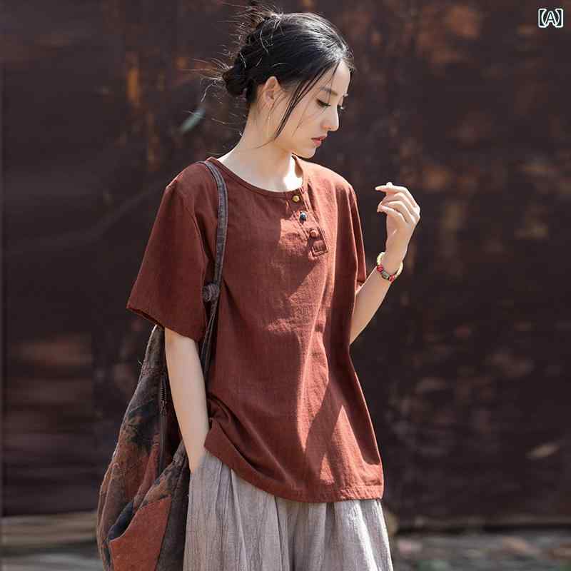 乐天商城 - Tシャツ レディース 春夏 綿麻ニット 半袖 ゆったり プリント 盤釦 くすみカラー ヴィンテージ風加工 クルーネック トップス レトロ エスニック 大人カジュアル 普段使い