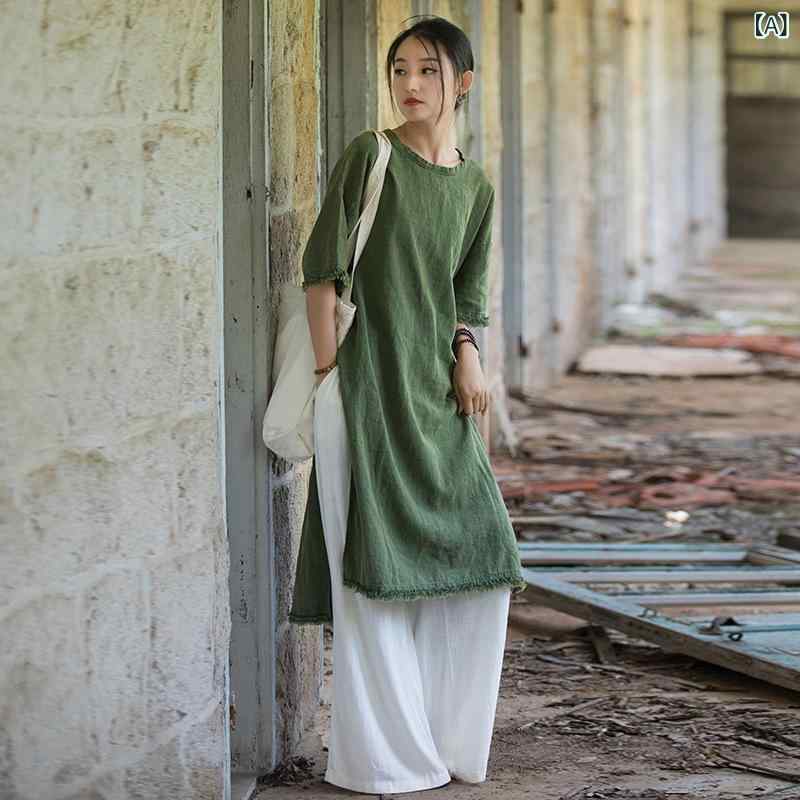 樂天商城 - ワンピース レディース 女性用 綿麻 ラミー素材 ヴィンテージ風加工 起毛 禅意風 五分袖 ロング丈 ラウンドネック アースカラー 春夏 旅行 カジュアル 普段使い リラックス ゆったり 体型カバー