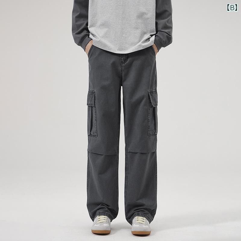 工装パンツ メンズ アメリカンヴィンテージ風 ストリートファッション ウォッシュ加工 ストーンウォッシュ 綿 ストレート ルーズフィット 多ポケット デイリーユース カジュアル 長ズボン 2