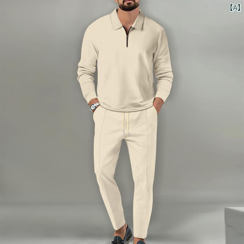Other Apparel - セットアップ メンズ 男性用 ワッフル 長袖 Tシャツ ジップアップ 無地 ロングパンツ 2点セット 上下セット スポーツ カジュアル 秋 ルームウェア 普段使い 綿混