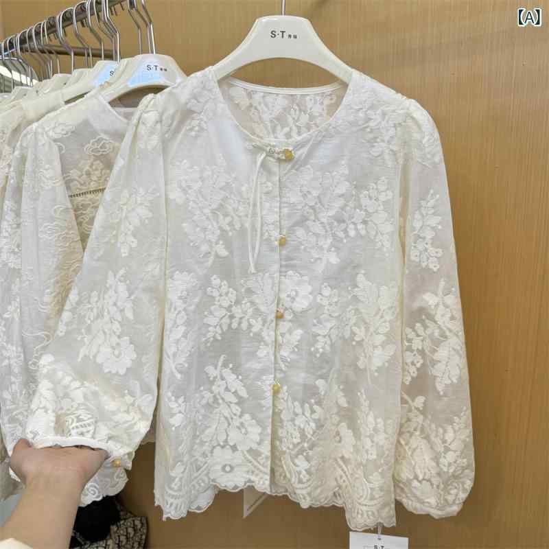 T-Shirts - ブラウス レディース 女性用 チャイナ風 チャイナボタン ジャカード織り シアー 長袖 ゆったり パフスリーブ レース コットンリネン 花柄 丸首 きれいめ 通勤 オフィス アイボリー 秋冬