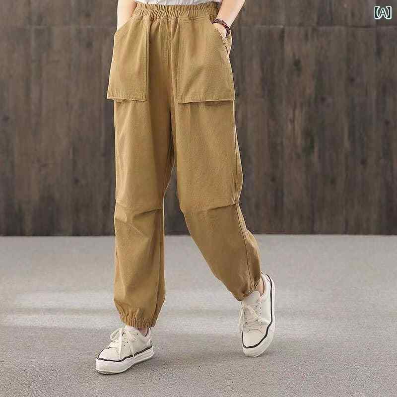 カジュアルパンツ レディース ハーレム クロップド 九分丈 ミドルウエスト ゆったり ルーズ シンプル ベーシック 快適 サイドポケット タックデザイン 大人きれいめ 通勤 オフィス デイリー 着回し ポリエステル カーキ アプリコット ミリタリーグリー