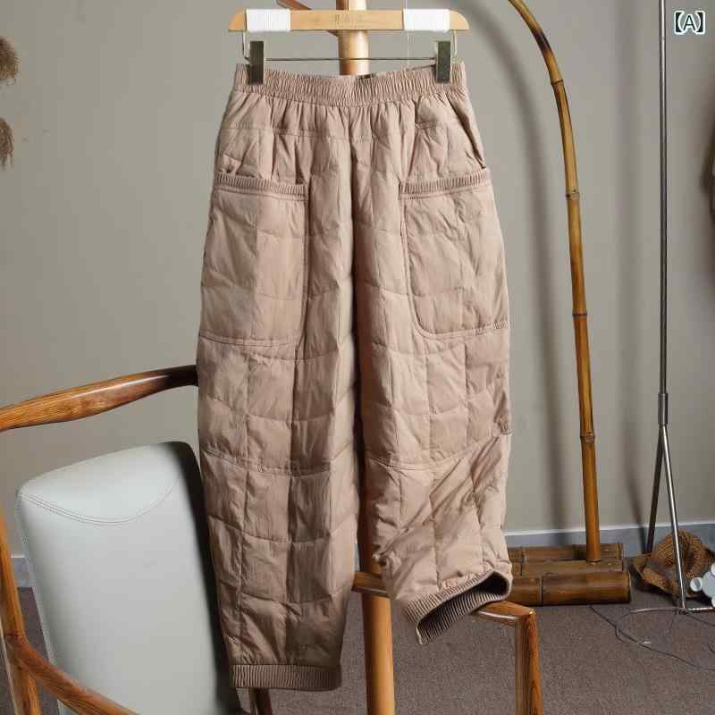 ボトムス レディース 秋冬 無地 リブ 切り替え 中綿入り あったか 防寒 ハイウエスト レトロ コットン ストレート ロング丈 厚手 ママ 普段使い リラックス デイリー ズボン