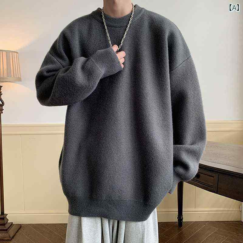 樂天商城 - ニット セーター メンズ 男性用 秋冬 ゆったり オーバーサイズ プルオーバー クルーネック 長袖 裏起毛 厚手 リラックス カジュアル 普段使い レトロ 高級感 ポリエステル