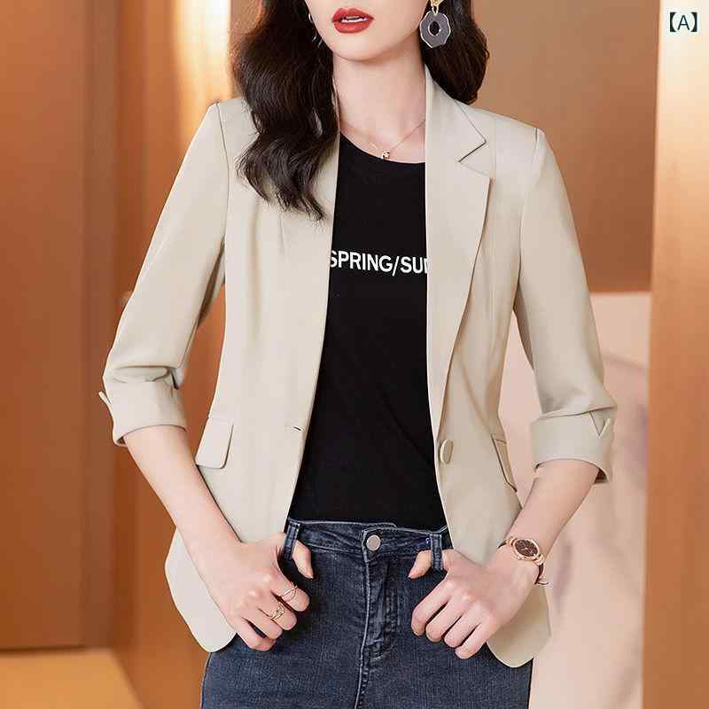 ジャケット レディース 春夏 薄手 ポリエステル コットン 七分袖 ショート丈 細身 カジュアル きれいめ..