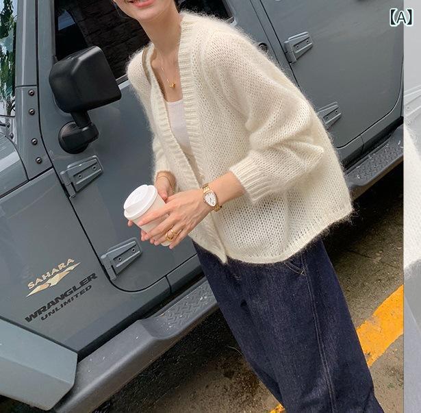 ・カテゴリ: カーディガン・スタイル: 日韓カジュアル・主な素材: ビスコース・ネックライン: Vネック・袖丈: 長袖・柄: 無地・カラー展開: ホワイト、ピンク、グリーン・サイズ展開: フリーサイズ・厚さ: 中厚・セット内容: 単品・フィット感: ゆったり・袖タイプ: レギュラー・前立て: シングルボタン