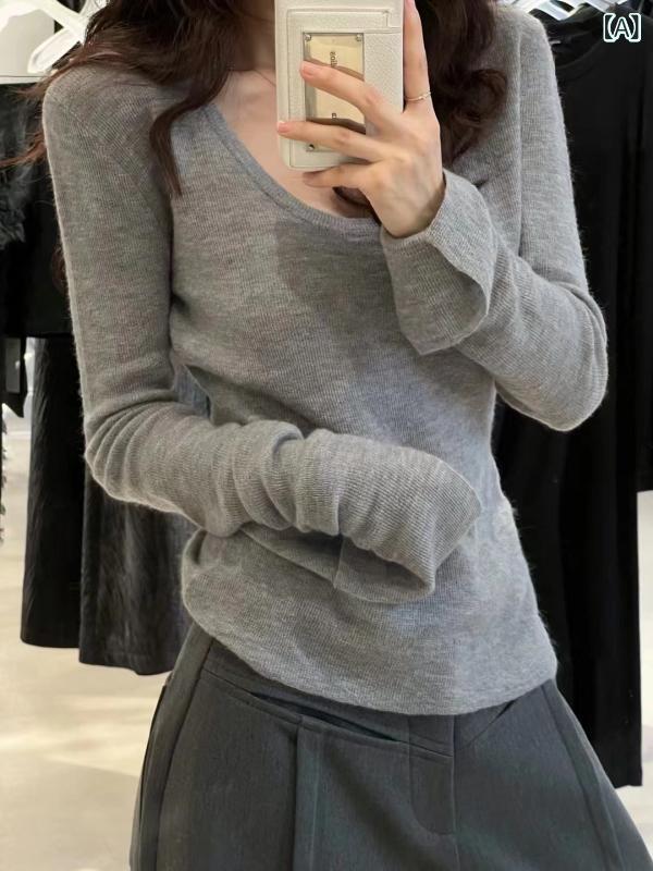 ニット レディース Uネック 長袖 フレアスリーブ ウエストマーク スリムトップス シンプル 無地 韓国ファッション 春夏 デイリーユース ブルー