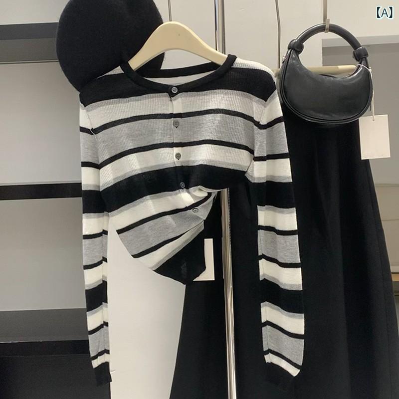 カーディガン レディース 韓国ファッション 配色ストライプ柄 ラウンドネック ニット 薄手 軽量 長袖 羽織り トップス 春秋 カジュアル きれいめ スリムフィット