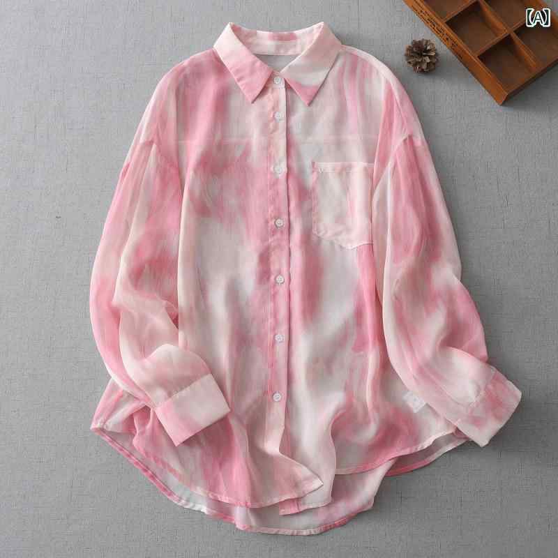 シャツ レディース ピンク 絞り染め 再生繊維 UVカット 日焼け対策 長袖 薄手 軽量 ゆったり ルーズフィット ポロ襟 レギュラー丈 きれいめ 通勤 おしゃれ マカロンカラー 春夏 トップス
