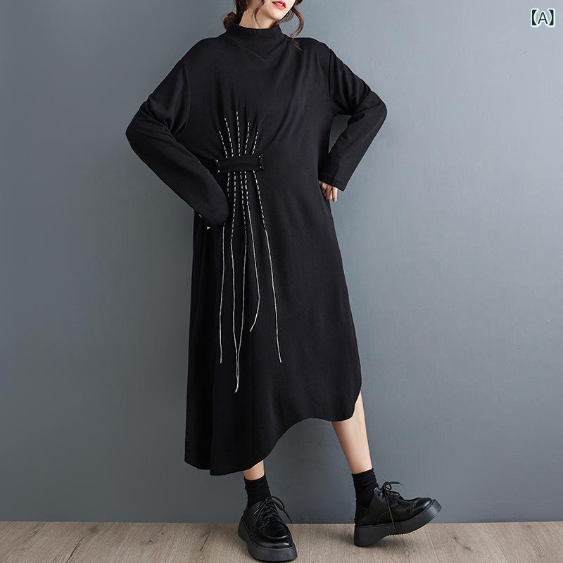 ワンピース 秋冬 切り替え カジュアル アシンメトリー ストリート系 ドロップショルダー 着回し ブラック ホワイトライン 半ハイネック 長袖 ロング丈 麻 リネン