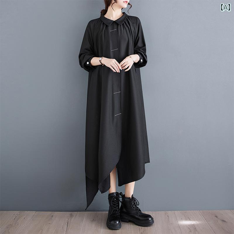 All-In-One - ワンピース レディース 春夏 韓国風 おしゃれ カジュアル バックボタン ロング丈 ブラック 配色ステッチ アシンメトリーヘム ドールカラー シャツ袖 ゆったり 切り替え コットン 体型カバー