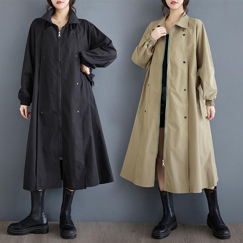 トレンチコート レディース ゆったり ルーズシルエット ビッグポケット ミドル丈 立体裁断 カジュアル 通勤 リネン素材 無地 長袖 ポロ襟 秋冬