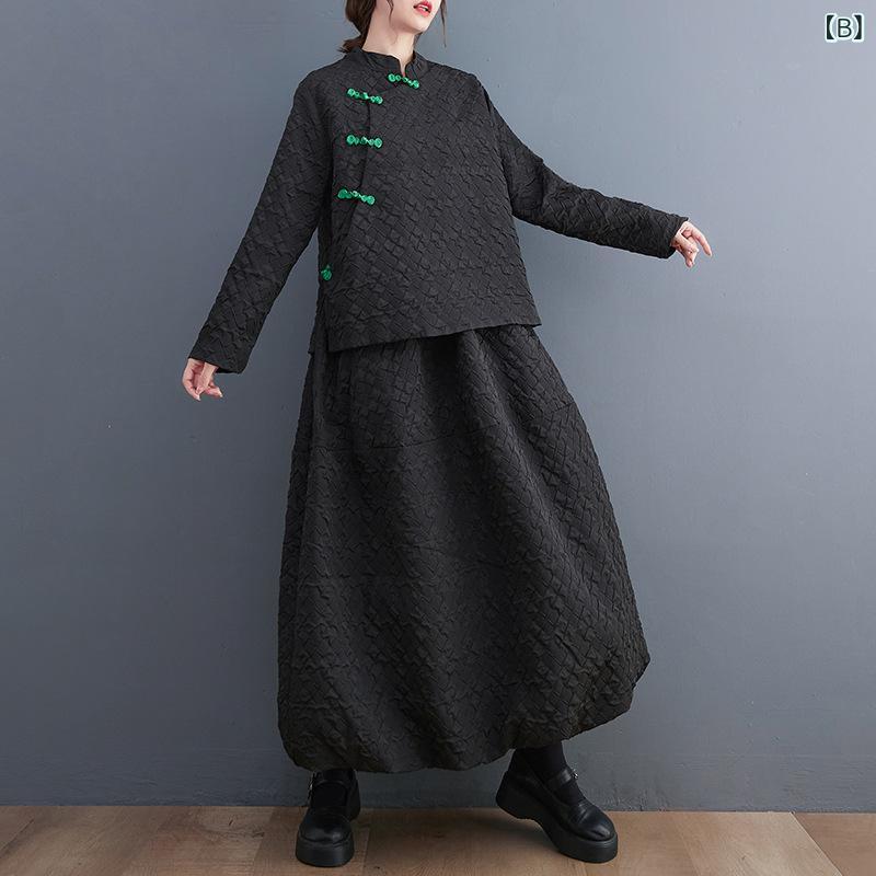narukiのセットアップ レディース レトロ チャイナ風 おしゃれ カジュアル 九分袖 ジャケット アウター スカート 綿混素材 赤 黒 秋冬｜アングル2