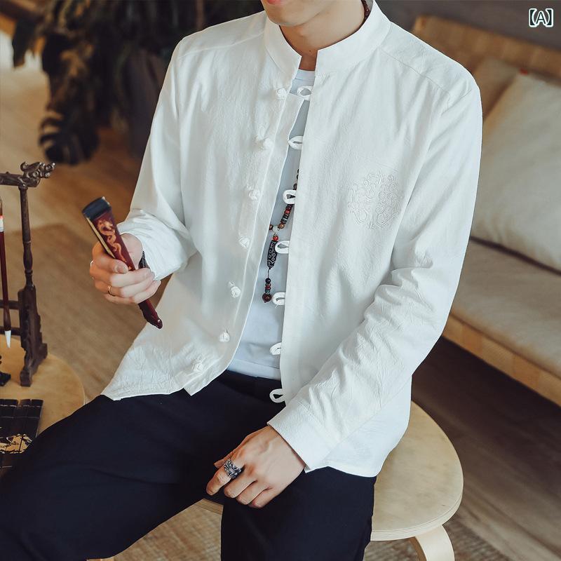 ・カテゴリ: シャツ・スタイル: 中国風・デザイン: 前開き・シルエット: ゆったり・ネックライン: スタンドカラー・袖丈: 長袖・厚さ: 普通・対象: 青年・性別: 男性・シーン: カジュアル・カラー展開: ホワイト、ブラック、ワインレッド、ダークブルー・サイズ展開: M、L、XL、XXL、3XL、4XL、5XL