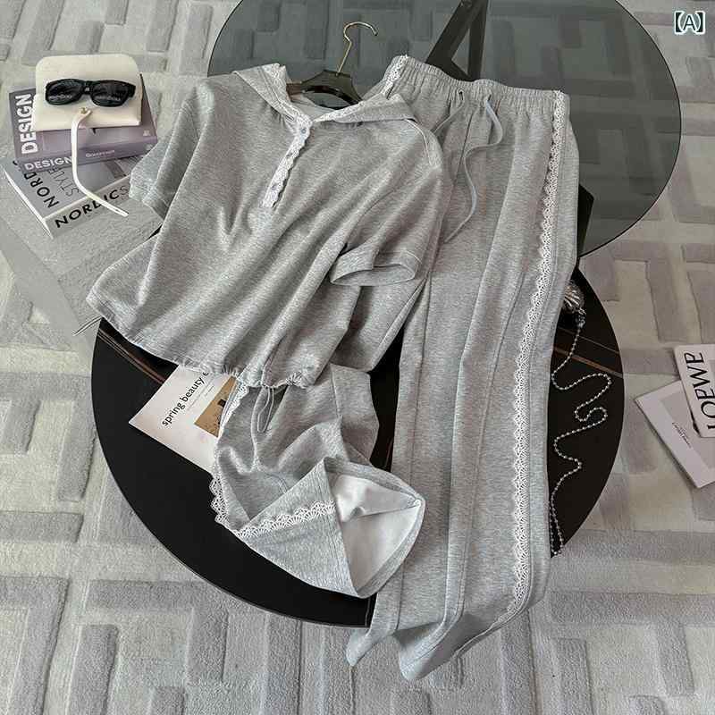 カジュアルセットアップ レディース 女性用 小柄 おしゃれ 無地 半袖スウェット トレーナー パフスリーブ ロングパンツ 長ズボン 上下 綿 シルケット加工 快適 スポーツ 普段使い ルームウェア 部屋着 2点セット