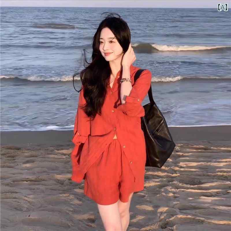 セットアップ レディース 2点セット ゆったり シャツ ショートパンツ 韓国ファッション カジュアル おしゃれ 体型カバー 快適 春夏 スポーツミックス リラックス 普段使い レッド 赤系